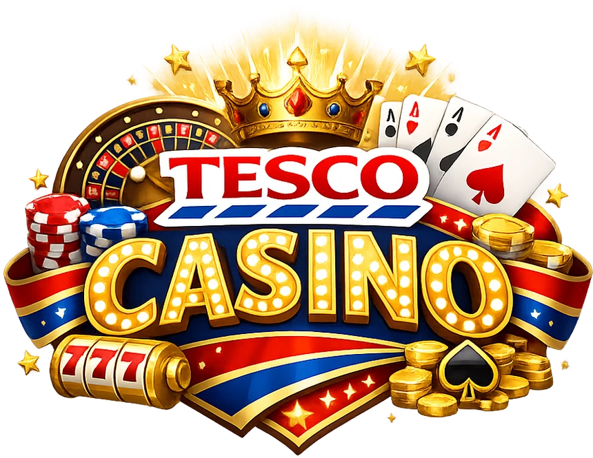 Golden Tesco Casino emblem with crown, roulette wheel and cards